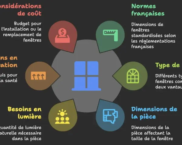 Schéma illustrant les facteurs influençant la forme de fenêtre : coût, aération, lumière, dimensions de la pièce, type et normes françaises.