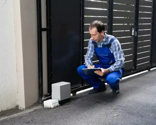 Un technicien vérifie le passage de gaine pour portail coulissant, prenant des notes sur son carnet.