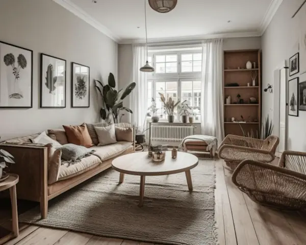 Salon cosy avec canapé beige, table basse ronde en bois clair, fauteuils en rotin et une grande fenêtre. La couleur fenêtre bois se marie aux éléments naturels.