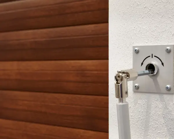 Mécanisme pour comment ouvrir une porte de garage électrique de l'extérieur. Un levier est inséré dans une serrure sur un mur blanc, à côté d'une porte en bois.