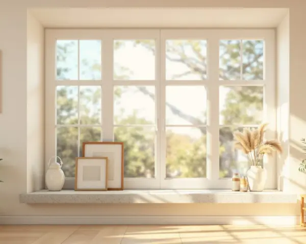 Une fenêtre avec allège pleine, décorée de cadres, de plantes et de vases, baignée de soleil.