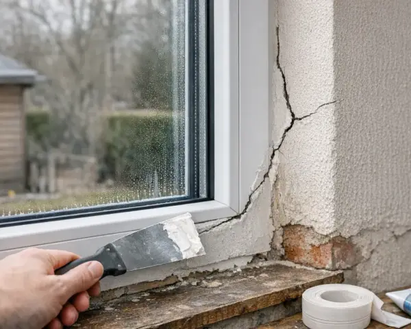 Application d'enduit sur une fissure près d'une fenêtre. Un outil de maçonnerie est utilisé pour réparer le mur extérieur.