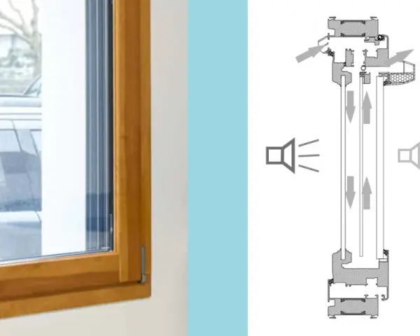 Fenêtre en bois avec vitrage acoustique 50 dB. Schéma montrant la réduction du bruit extérieur.
