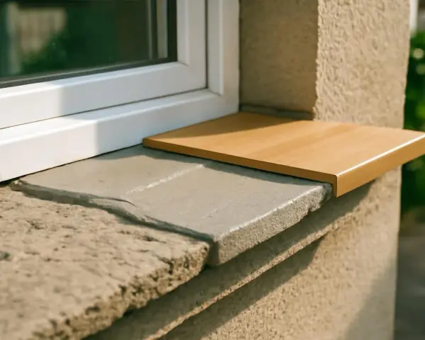 Nouvel appui de fenêtre extérieur en bois clair, remplaçant l'ancien en pierre usée.