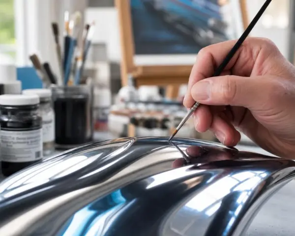 Main d'artiste peignant un objet à la finition chrome, ajoutant des détails subtils pour un réalisme saisissant.
