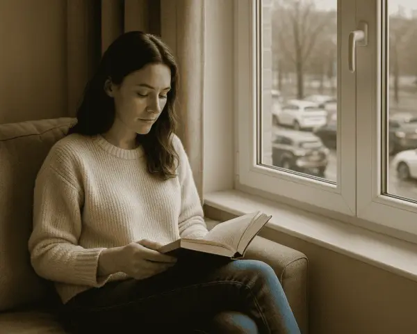 Une femme lit un livre près d'une fenêtre phonique, profitant du calme malgré le bruit extérieur.
