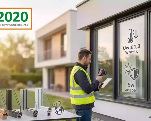 Un technicien vérifie la performance d'une fenêtre conforme à la réglementation environnementale RE 2020.