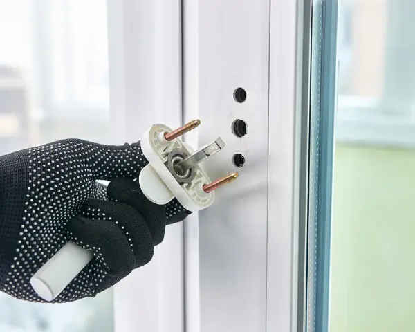 Main tenant en main une nouvelle poignée pour changer poignee fenetre. Le mécanisme est prêt à être installé.