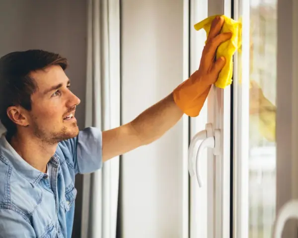 Un homme nettoie une fenêtre en aluminium avec un chiffon jaune. Le soleil brille à travers la vitre.