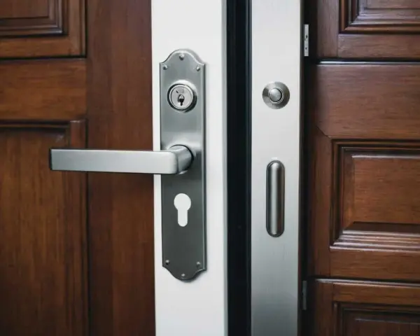 Poignée et serrure argentées sur une porte d'entrée en bois sombre.