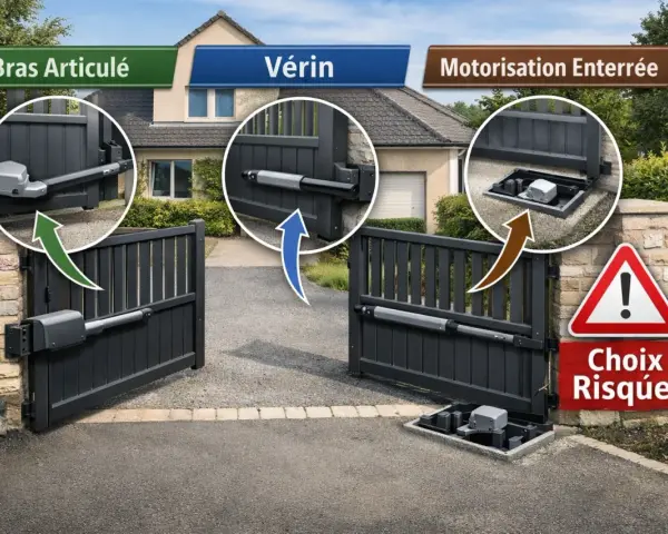 Trois types de motorisation de portail : bras articulé, vérin, et motorisation enterrée. Le choix de la motorisation portail en applique est crucial pour la sécurité.