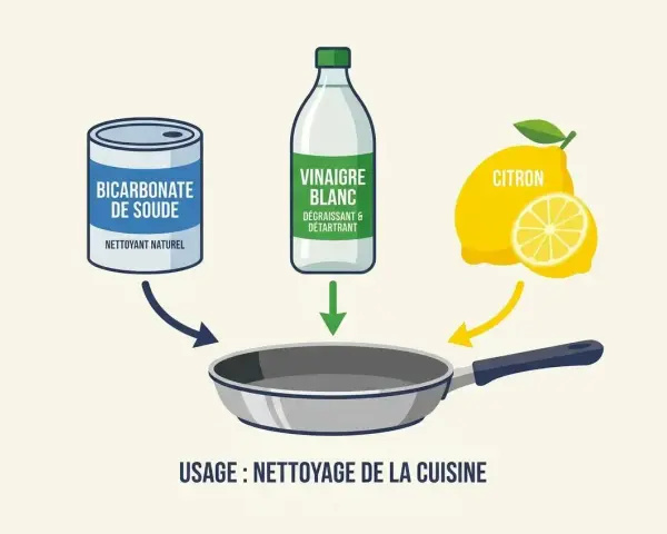 Nettoyer inox avec bicarbonate de soude, vinaigre blanc et citron pour un nettoyage de cuisine efficace.