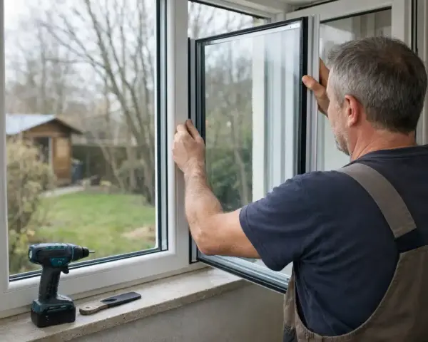 Un ouvrier installe une nouvelle fenêtre, remplaçant un ancien vitrage simple. Un jardin et un cabanon sont visibles à travers la vitre.
