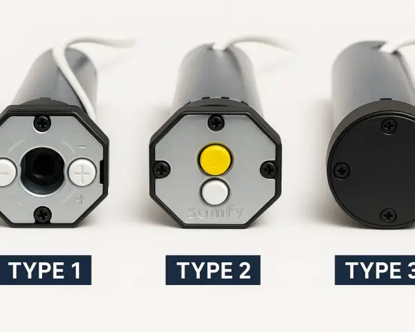 Trois moteurs tubulaires pour volet roulant électrique : Type 1 avec boutons +/- , Type 2 Somfy avec boutons jaune et blanc, Type 3 avec capot noir.