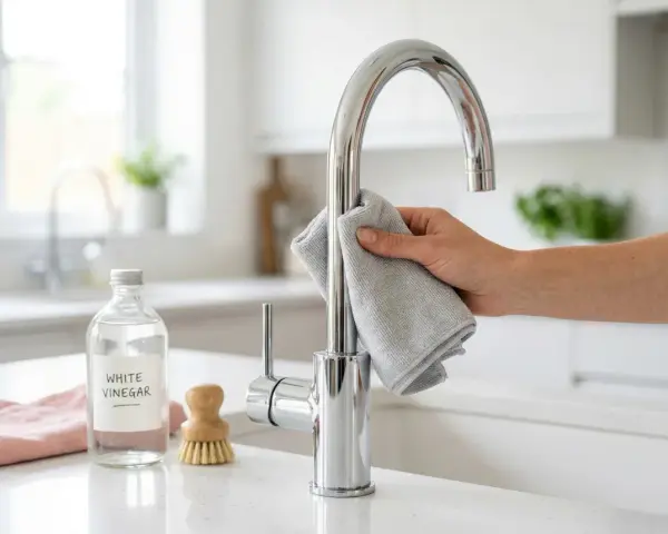 Maintenir l'éclat de votre robinetterie chromée : astuce pour nettoyer de l'aluminium brossé avec du vinaigre blanc et un chiffon doux.