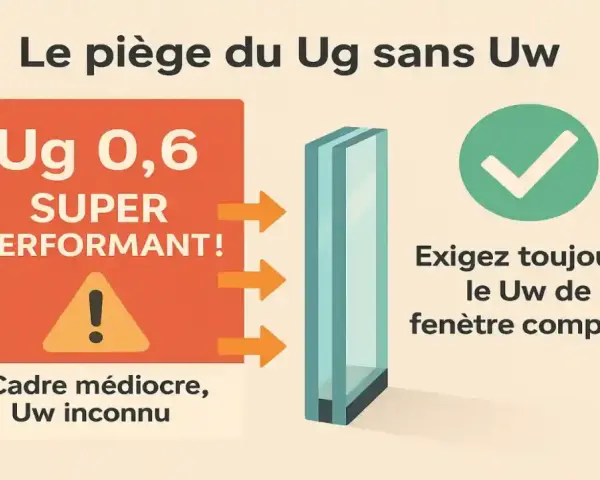 Le piège du Ug sans Uw : un Ug de 0,6 super performant peut cacher un cadre médiocre et un Uw inconnu. Exigez toujours le Uw de la fenêtre complète.