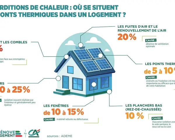 Infographie sur les déperditions de chaleur dans un logement, montrant les pourcentages de perte par zone (toit, murs, fenêtres, etc.) et les causes, notamment les ponts thermiques.