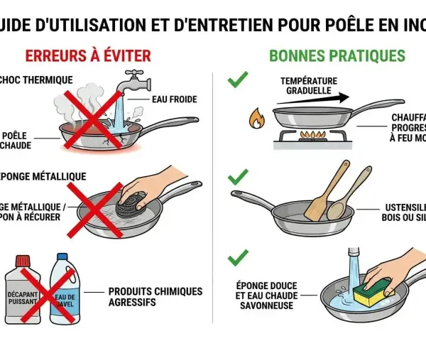 Guide pour nettoyer acier inoxydable noirci : éviter choc thermique, éponges métalliques et produits agressifs. Privilégier chauffage progressif et nettoyage doux.