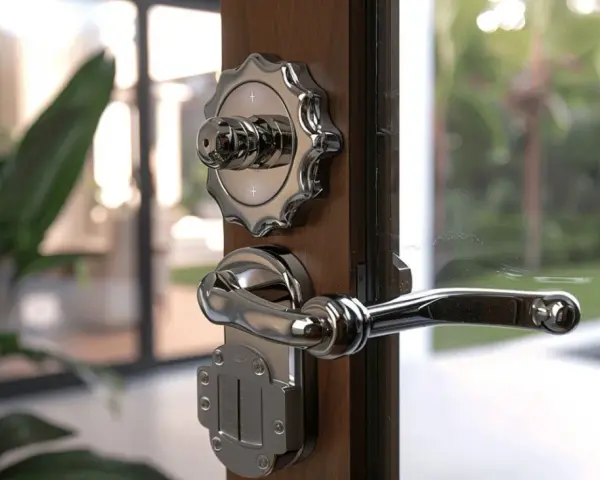 Poignée de porte en métal chromé, avec un bouton rotatif et un loquet, un type de serrure élégant pour une entrée moderne.