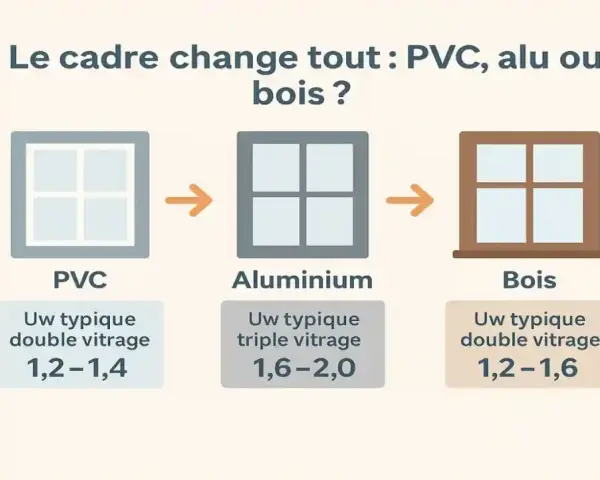 Comparaison des cadres de fenêtres : PVC, aluminium et bois. Le coefficient Uw varie selon le matériau et le vitrage, influençant l'isolation.