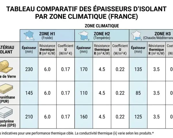 Tableau comparatif des épaisseurs d'isolants (laine de verre, polyuréthane, polystyrène expansé) par zone climatique en France, incluant le coefficient de transmission surfacique U.
