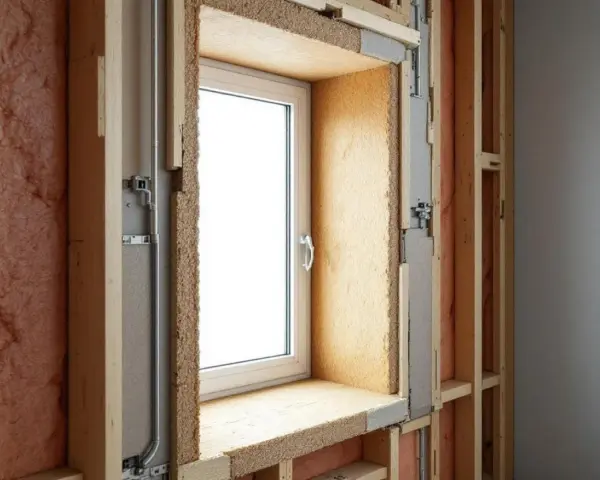 Vue rapprochée d'une fenêtre en cours d'installation, montrant l'isolation et la structure en bois. Idéal pour ceux qui veulent changer fenêtre soi même.