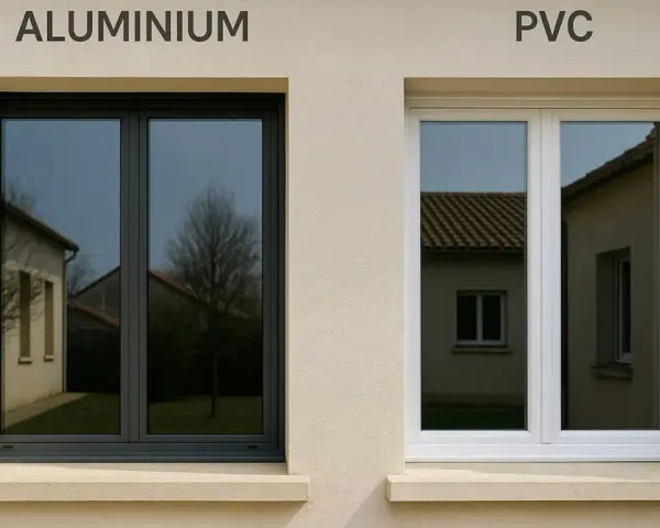 Comparaison de deux fenêtres : une en aluminium gris foncé et une en PVC blanc. Aide à décider quelle fenêtre choisir pour votre maison.