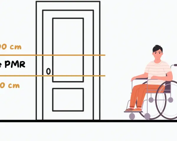 Illustration montrant la hauteur idéale du tire-doigt pour une porte coulissante, respectant la norme PMR. Un homme en fauteuil roulant est présent.