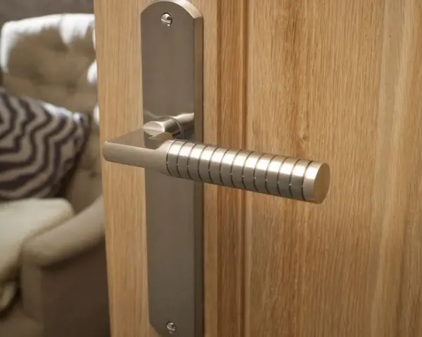 Poignée de porte d'entrée en métal brossé, au design moderne avec un manche texturé, fixée sur une porte en bois clair.
