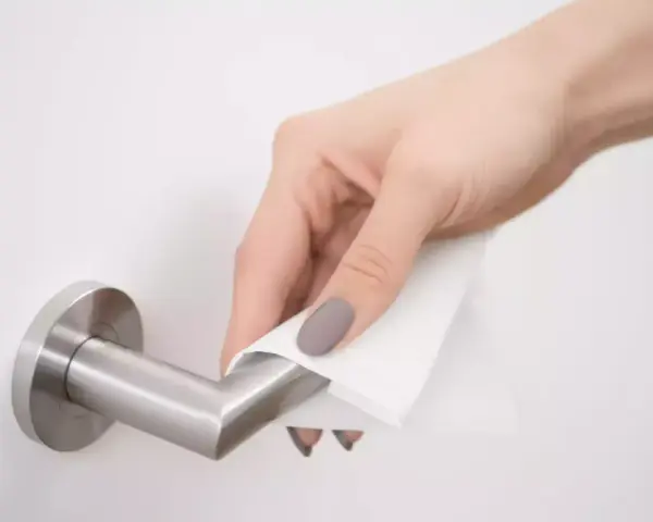 Main d'une femme nettoyant une poignée de porte en métal avec un chiffon. Apprenez comment nettoyer poignée métal vieilli pour lui redonner son éclat.