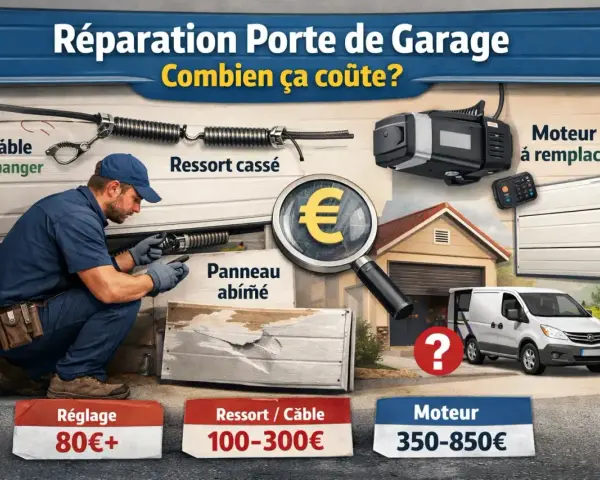 Réparation porte de garage : coût du remplacement moteur, ressort, câble ou panneau. Estimation des prix.