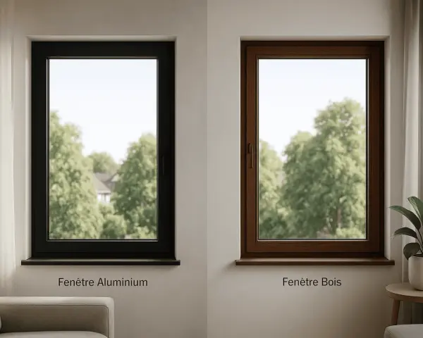 Fenêtre aluminium noir et fenêtre bois brun, deux options de menuiserie mixte pour un intérieur lumineux.