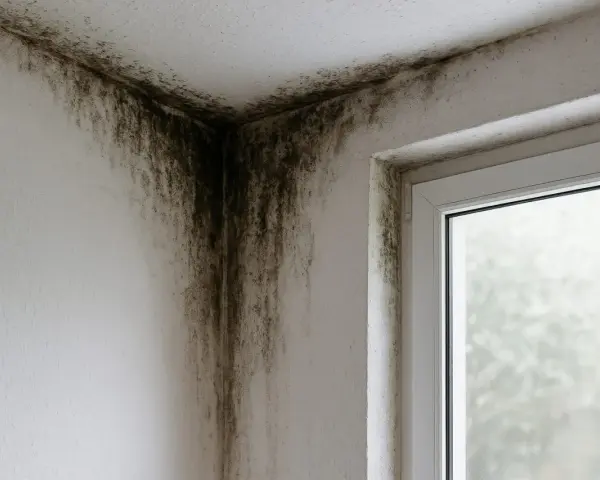 Moisissure noire envahissant le coin d'une pièce, signe d'un **rupture pont thermique** et d'une mauvaise isolation.