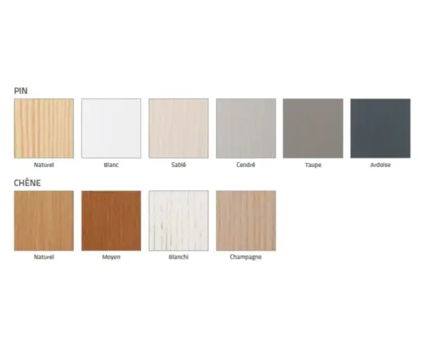 Échantillons de couleurs de bois : pin naturel, blanc, sablé, cendré, taupe, ardoise ; chêne naturel, moyen, blanchi, champagne. Le ral 9100 sablé est une teinte claire et douce.
