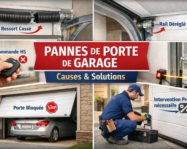 Le moteur de ma porte de garage ne fonctionne plus : ressort cassé, télécommande HS, rail déréglé, porte bloquée. Intervention pro nécessaire.
