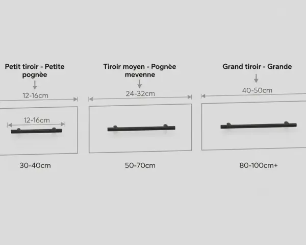 Guide pour choisir quelle poignée de porte : petite, moyenne ou grande, selon la taille du tiroir.