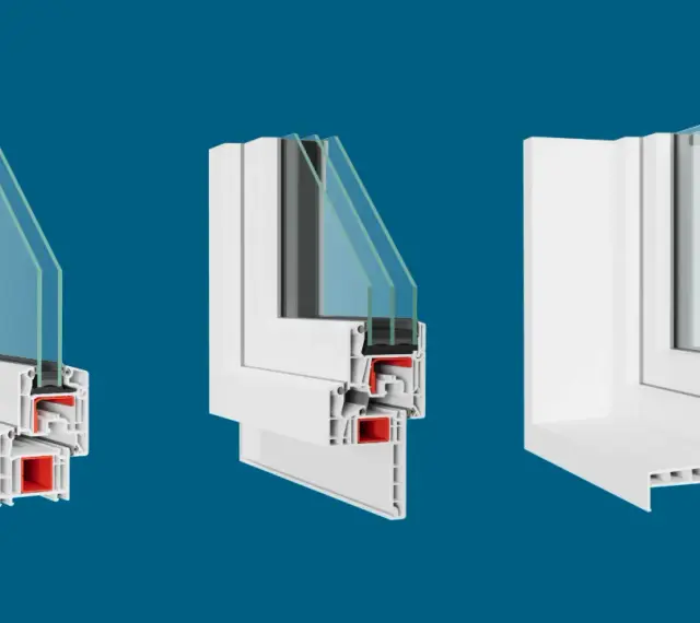 Coupes transversales de profilés de fenêtre en PVC blanc, montrant la structure interne et le double vitrage. Un dormant fenêtre bien isolé.
