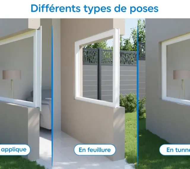 Trois types de pose fenêtre : en applique, en feuillure et en tunnel, montrant différentes installations.