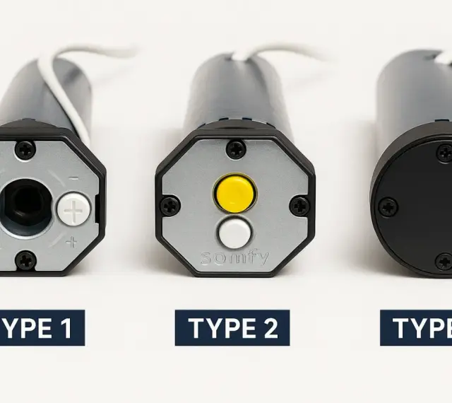 Trois moteurs tubulaires pour volet roulant électrique : Type 1 avec boutons +/- , Type 2 Somfy avec boutons jaune et blanc, Type 3 avec capot noir.