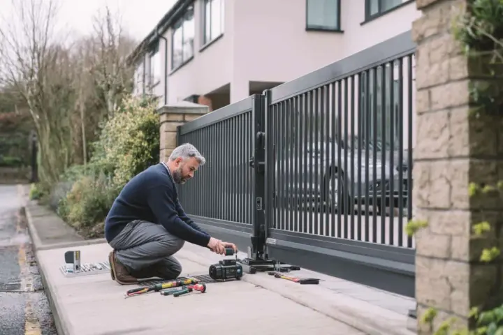 Un homme ajuste le moteur d'un portail automatique. Outils et pièces sont disposés sur le trottoir, prêts pour l'installation.