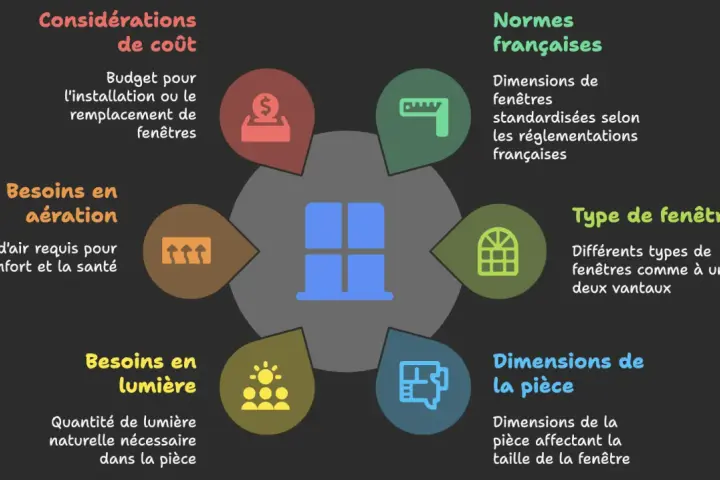 Schéma illustrant les facteurs influençant la forme de fenêtre : coût, aération, lumière, dimensions de la pièce, type et normes françaises.