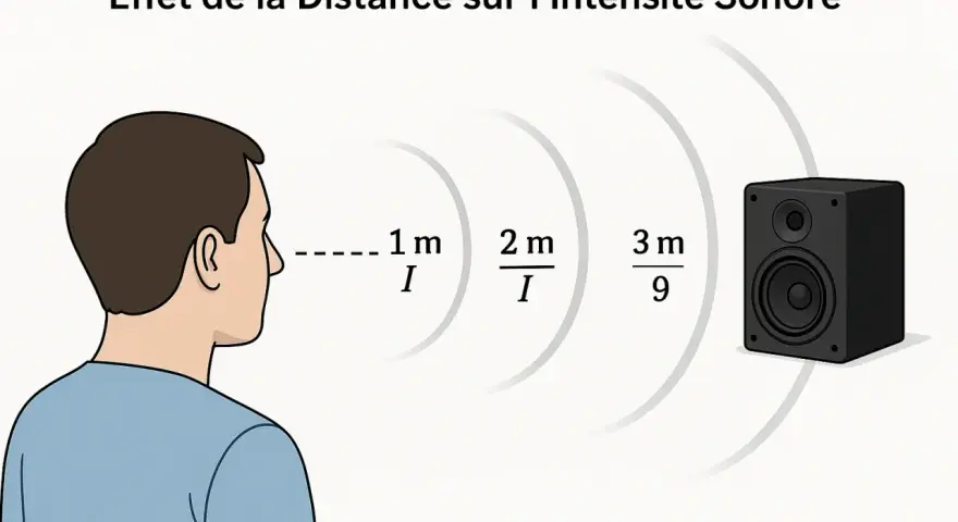 Illustration montrant l'effet de la distance sur l'intensité sonore. L'intensité diminue avec la distance, suivant une échelle des db.