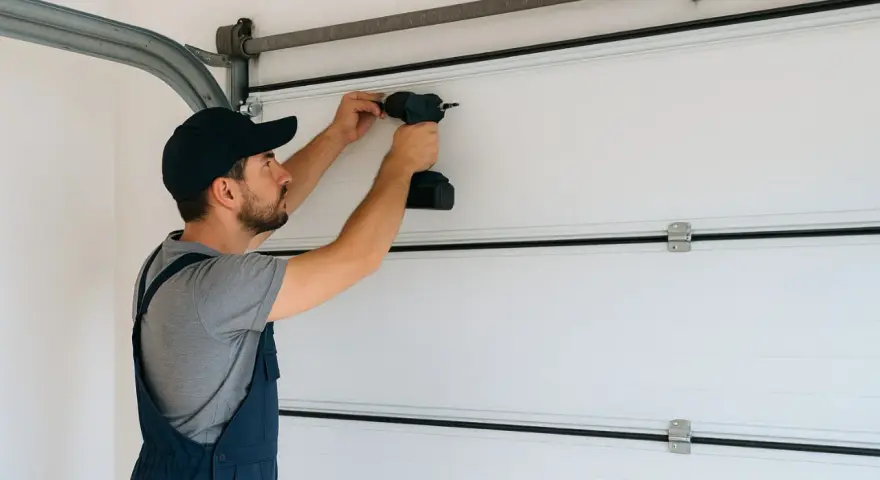 Un technicien effectue la fixation moteur porte de garage avec une perceuse.