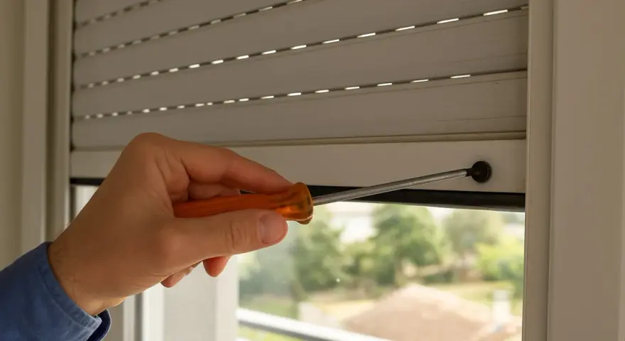 Main tenant, une personne utilise un tournevis pour réparer un volet roulant qui ne s'ouvre pas complètement.
