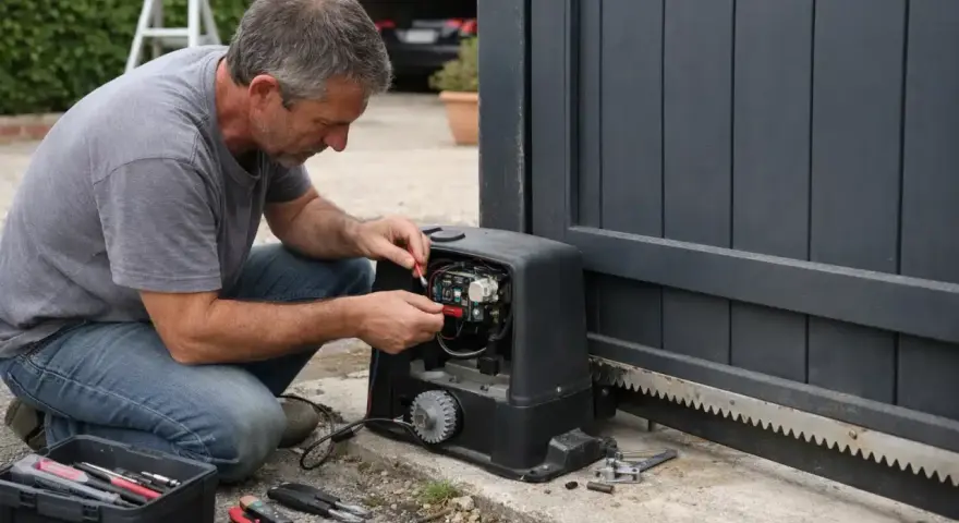 Un homme répare le moteur d'un portail électrique coulissant. Outils à proximité.
