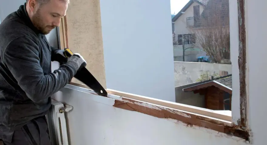 Un homme procède au démontage d'une fenêtre PVC avec une scie, révélant le cadre en bois sous-jacent.