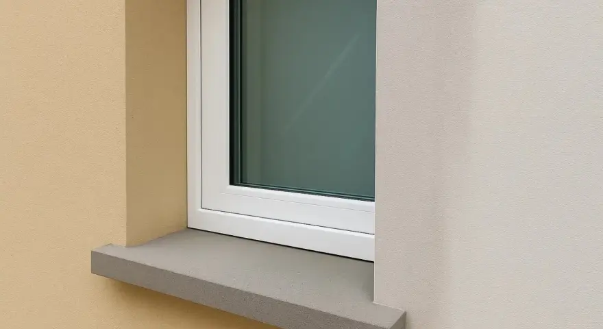 Une pose fenêtre sur appui de fenêtre en pierre grise, avec un mur extérieur texturé beige et un mur blanc cassé.