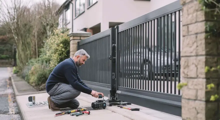 Un homme ajuste le moteur d'un portail automatique. Outils et pièces sont disposés sur le trottoir, prêts pour l'installation.