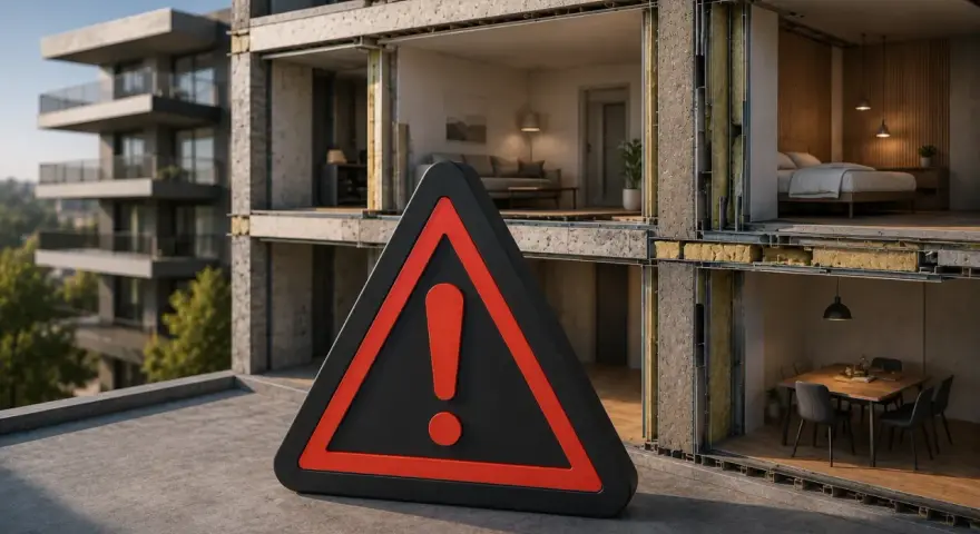 Panneau d'avertissement devant un bâtiment en coupe montrant l'isolation, soulignant l'importance de l'atténuation acoustique pour le confort.