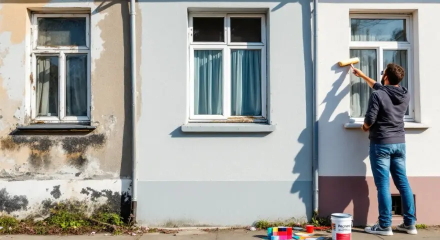 Un homme peint une fenêtre extérieure. Des pots de peinture et des nuanciers sont posés sur le trottoir, prêts pour la décoration de fenêtre extérieur.